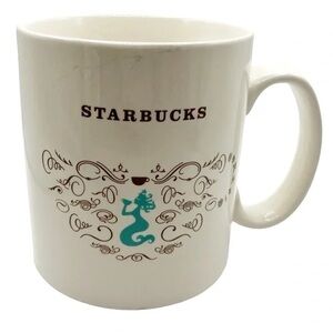 Starbucks Turquoise Mermaid Sea Life 18 oz White Aqua Squiggles Ceramic Mug